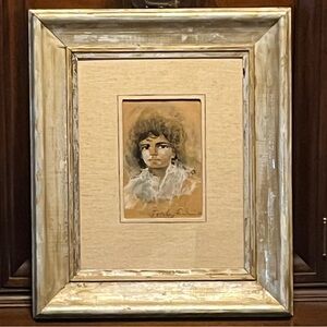Original Signed 3.5"x 5.75" Painting of Child Matted in 12. 75"x 15" Wood Frame